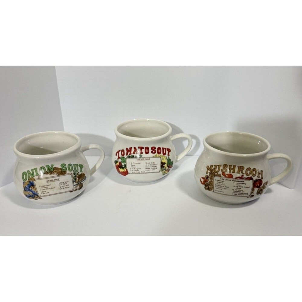 Vintage Ceramic Soup Mugs Set of 3 Onion Tomato Mushroom Recipe Kitchen Decor